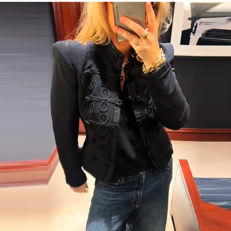 Chic Single Breasted Short Blazer Jacket Women Mandarin Collar Shoulder Pad Long Sleeve Coat 2026 Spring Fashion Lady Outerwear