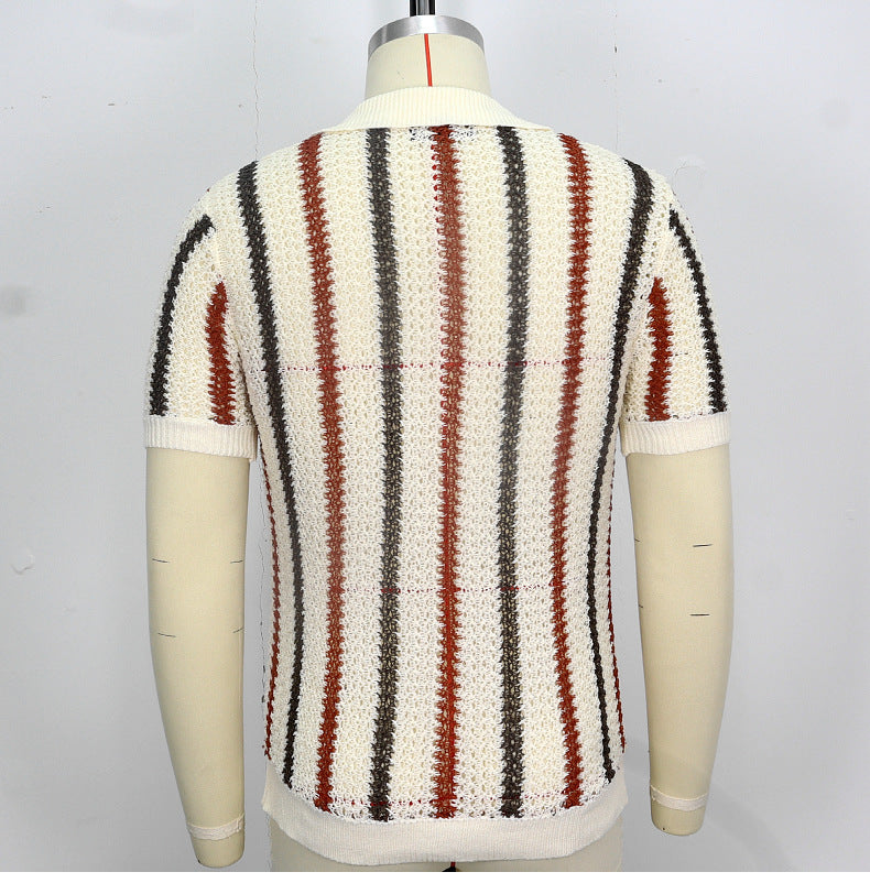 Men's Summer Chunky Knit Short-Sleeve Polo Shirt With Stripes And Contrast Colors, Casual Wear For Daily Outings