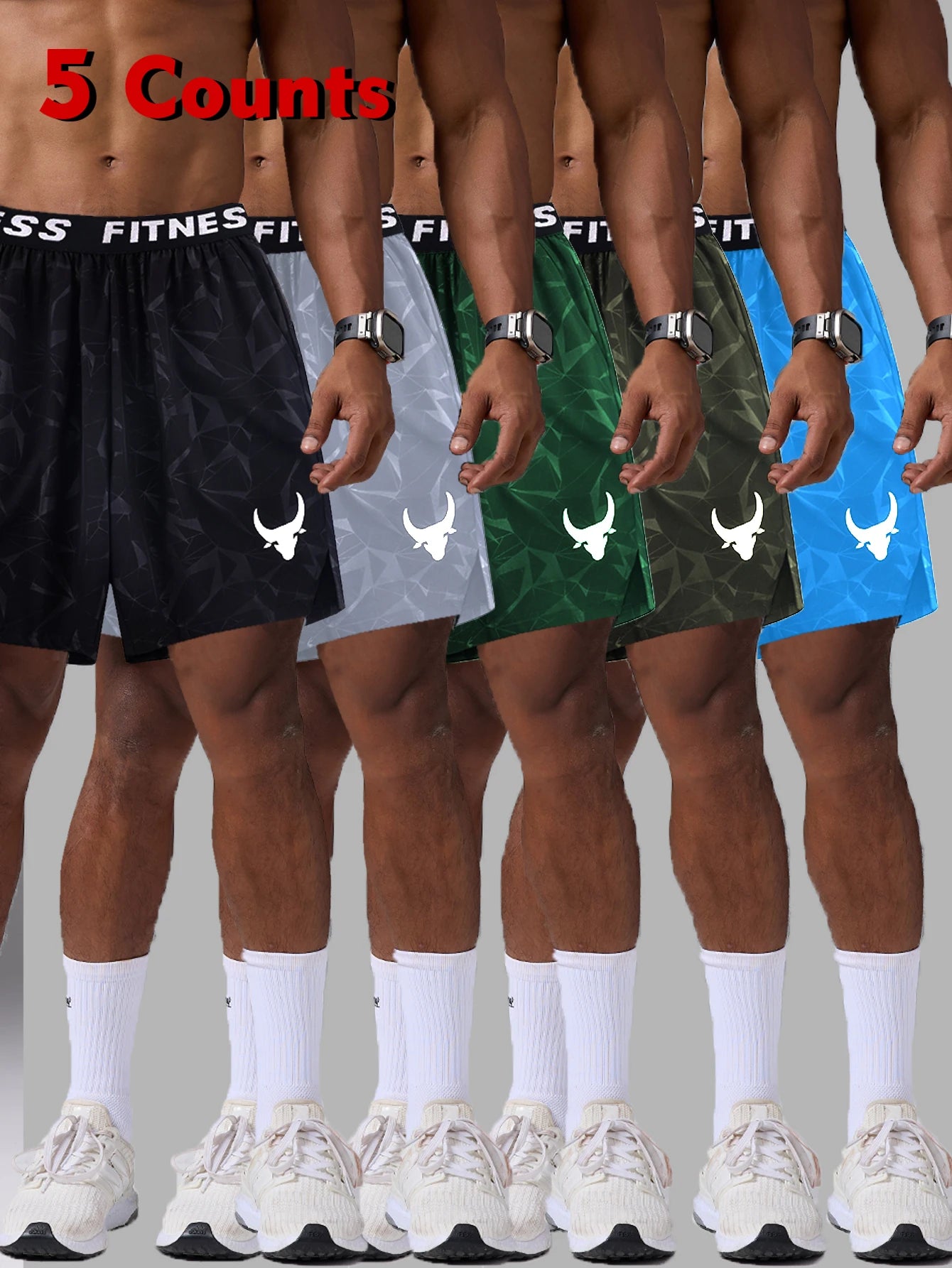 5Pcs Quick-Dry & Breathable Athletic Casual Elastic Waistband Shorts with Geometric Print Summer Sports Wear for Men