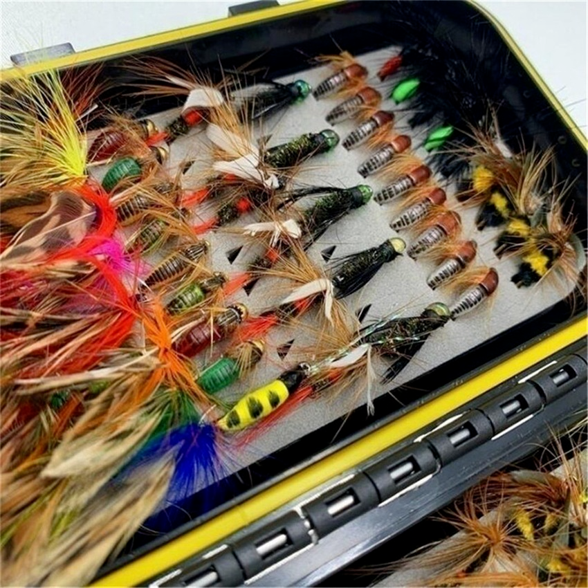 Trout Fly Fishing Flies Collection 32-112Pcs Flies Dry Wet Nymph Streamers Fly Assortment with Fly Box Flyfishing Fly Lures Kits