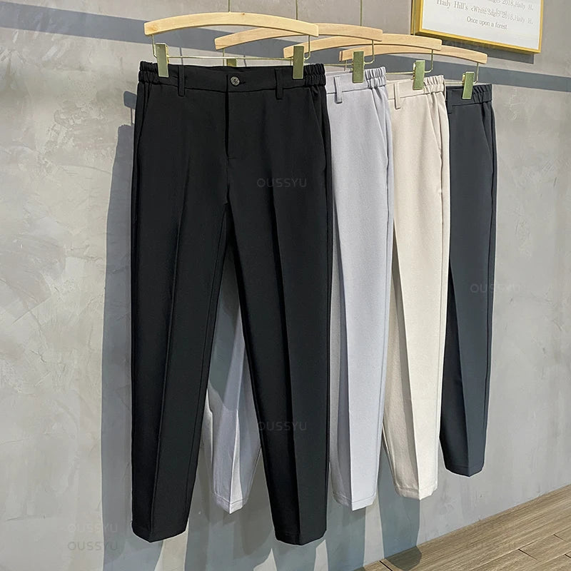 Spring Summer Men's Casual Pants Suit Pant Slim Fit Work Elastic Waist Jogging Business Trousers Male Black Plus Size 40 42