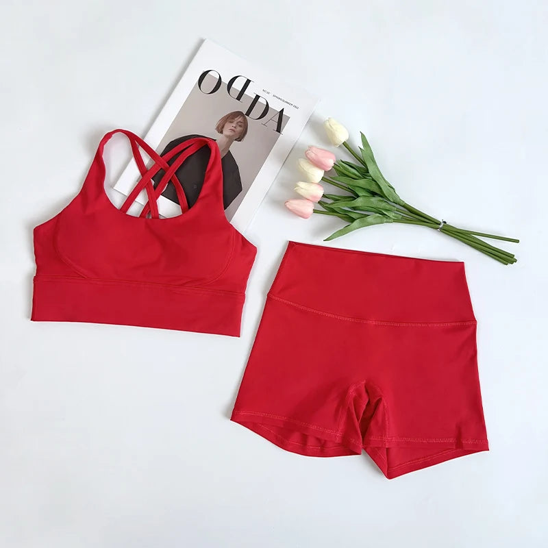 2Pcs Yoga Sets Naked Feel Gym Set Women Workout Clothes High Waist Yoga Shorts And Strappy Sports Bra Short Sets Summer