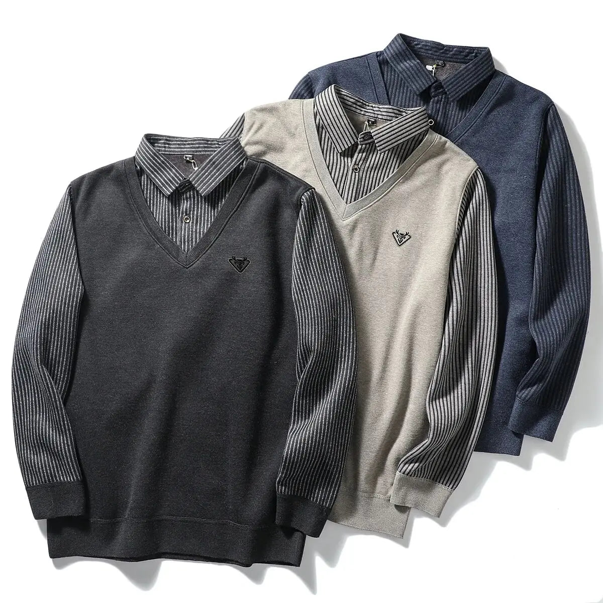Thickened Warmth Integrated Fleece Stripe Knitted Sweater Fake Two-Piece Design Casual Loose Fit Polyester Long Sleeve Shirt