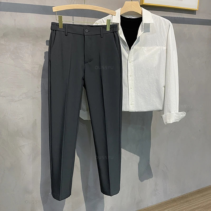 Spring Summer Men's Casual Pants Suit Pant Slim Fit Work Elastic Waist Jogging Business Trousers Male Black Plus Size 40 42