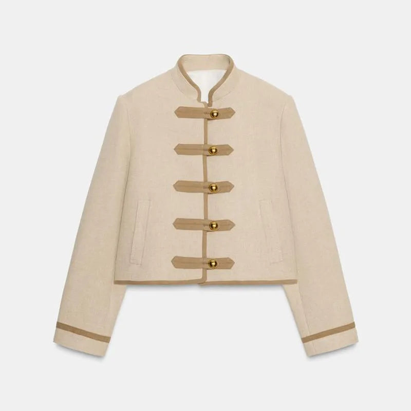 Chic Single Breasted Short Blazer Jacket Women Mandarin Collar Shoulder Pad Long Sleeve Coat 2026 Spring Fashion Lady Outerwear