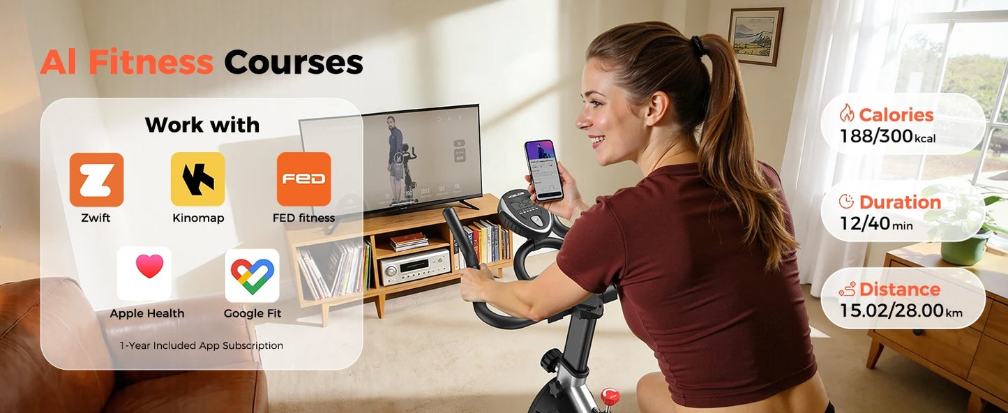 YOSUDA Exercise Bike, Brake Pad Stationary Bike for Home with Exclusive App, Magnetic Indoor Cycling Bike with 300 lb Weight