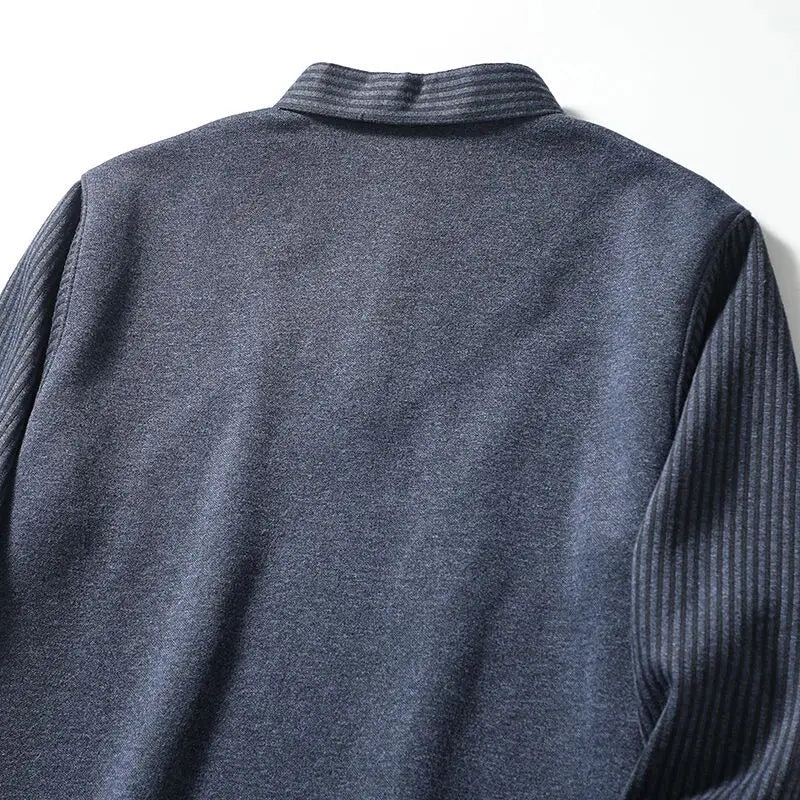 Thickened Warmth Integrated Fleece Stripe Knitted Sweater Fake Two-Piece Design Casual Loose Fit Polyester Long Sleeve Shirt