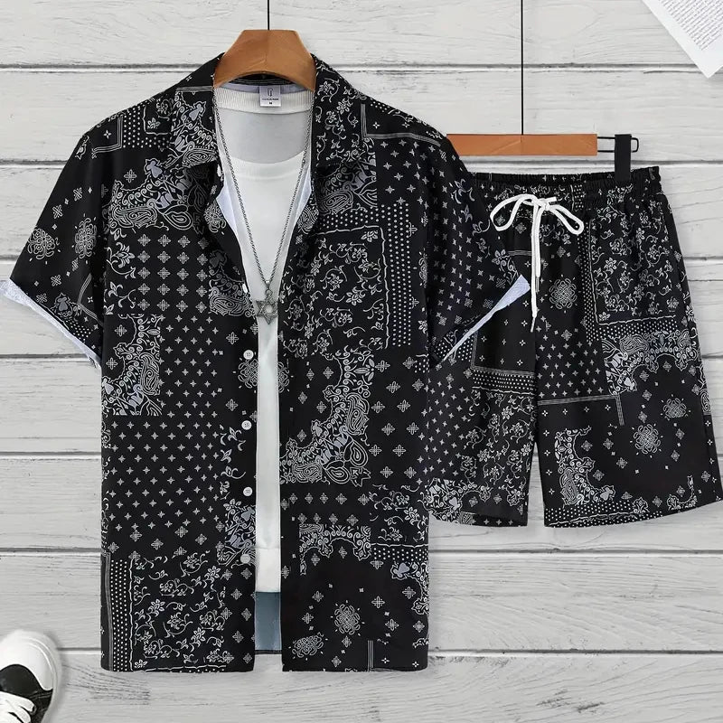 2024 New Men's Summer Holiday Suit Retro Textured Printed Border Shirt Short Sleeve Shorts Two Piece Men's Breathable Pool Suit
