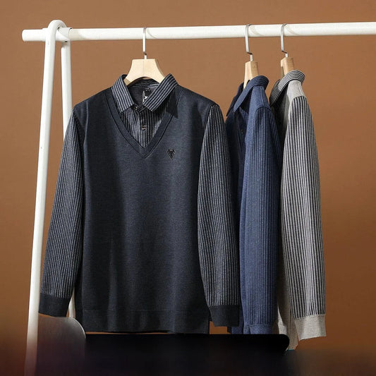 Thickened Warmth Integrated Fleece Stripe Knitted Sweater Fake Two-Piece Design Casual Loose Fit Polyester Long Sleeve Shirt