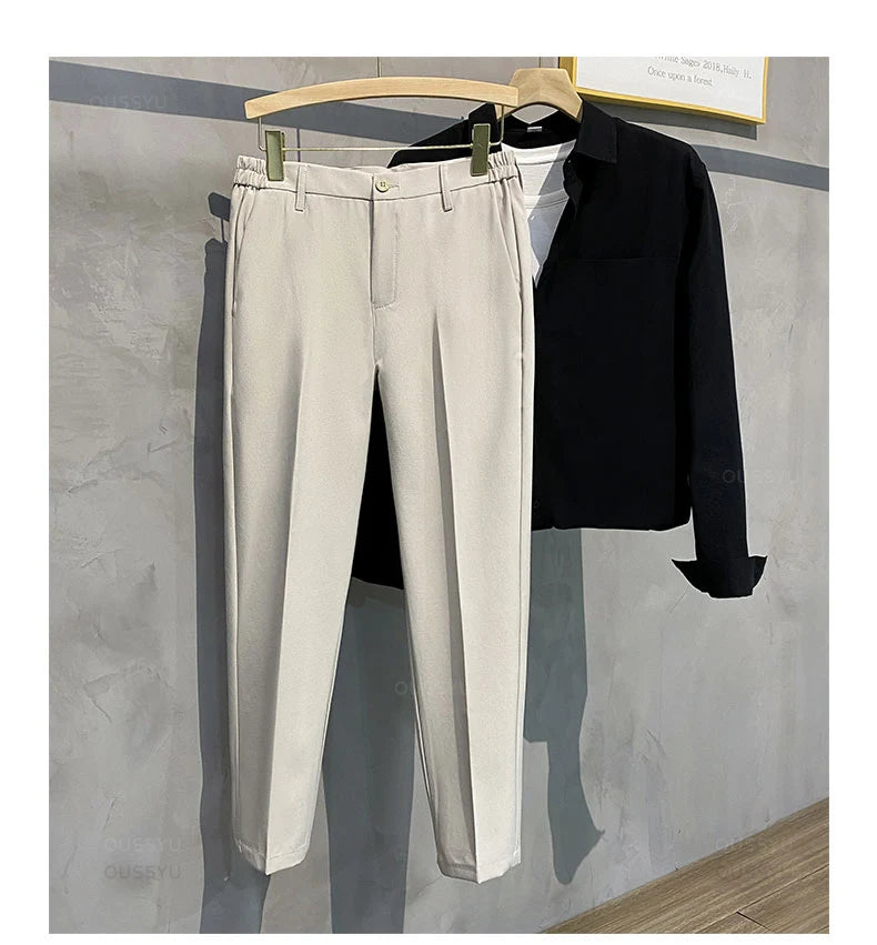 Spring Summer Men's Casual Pants Suit Pant Slim Fit Work Elastic Waist Jogging Business Trousers Male Black Plus Size 40 42