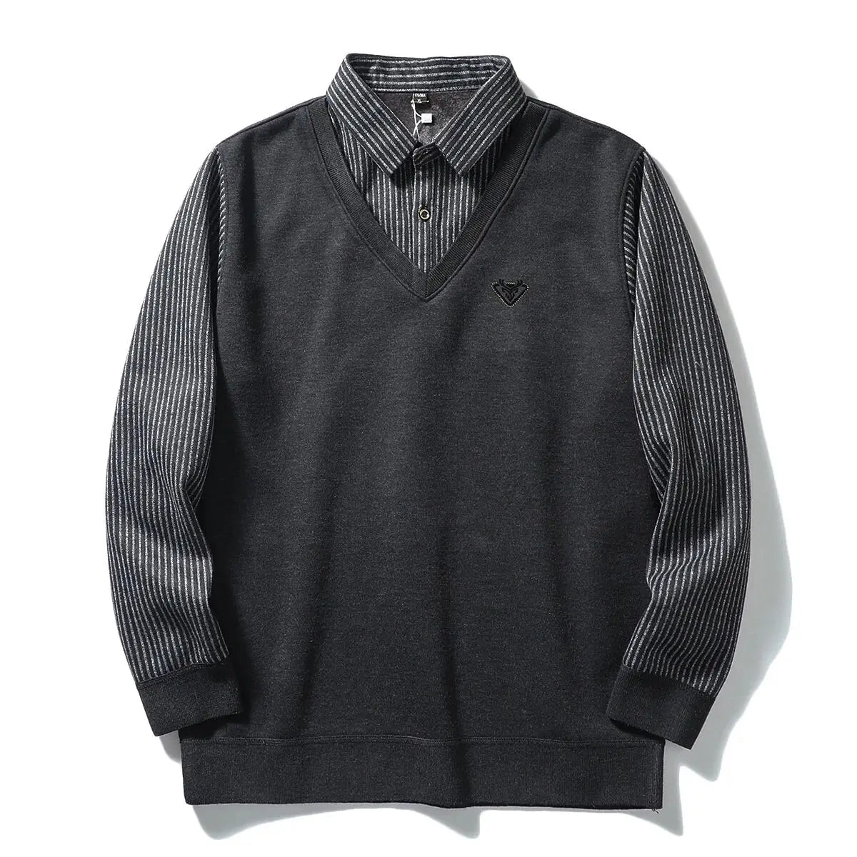 Thickened Warmth Integrated Fleece Stripe Knitted Sweater Fake Two-Piece Design Casual Loose Fit Polyester Long Sleeve Shirt