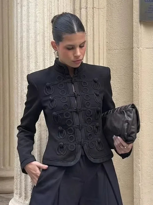 Chic Single Breasted Short Blazer Jacket Women Mandarin Collar Shoulder Pad Long Sleeve Coat 2026 Spring Fashion Lady Outerwear
