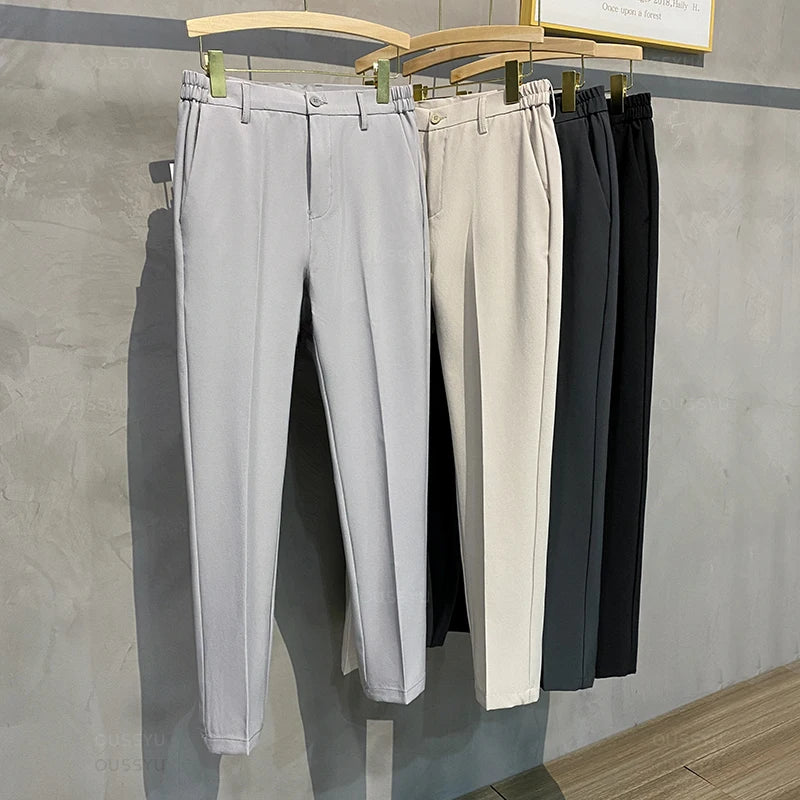 Spring Summer Men's Casual Pants Suit Pant Slim Fit Work Elastic Waist Jogging Business Trousers Male Black Plus Size 40 42