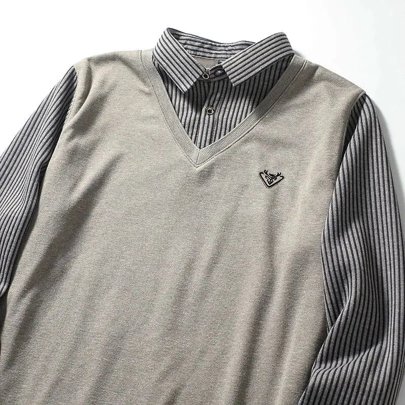 Thickened Warmth Integrated Fleece Stripe Knitted Sweater Fake Two-Piece Design Casual Loose Fit Polyester Long Sleeve Shirt