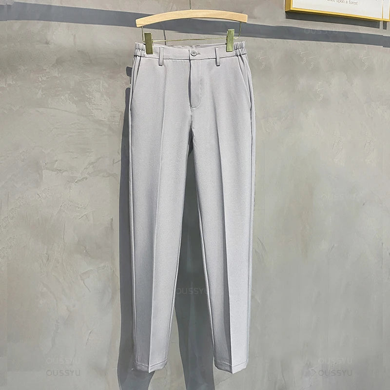 Spring Summer Men's Casual Pants Suit Pant Slim Fit Work Elastic Waist Jogging Business Trousers Male Black Plus Size 40 42
