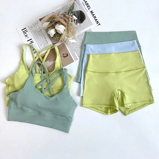 2Pcs Yoga Sets Naked Feel Gym Set Women Workout Clothes High Waist Yoga Shorts And Strappy Sports Bra Short Sets Summer