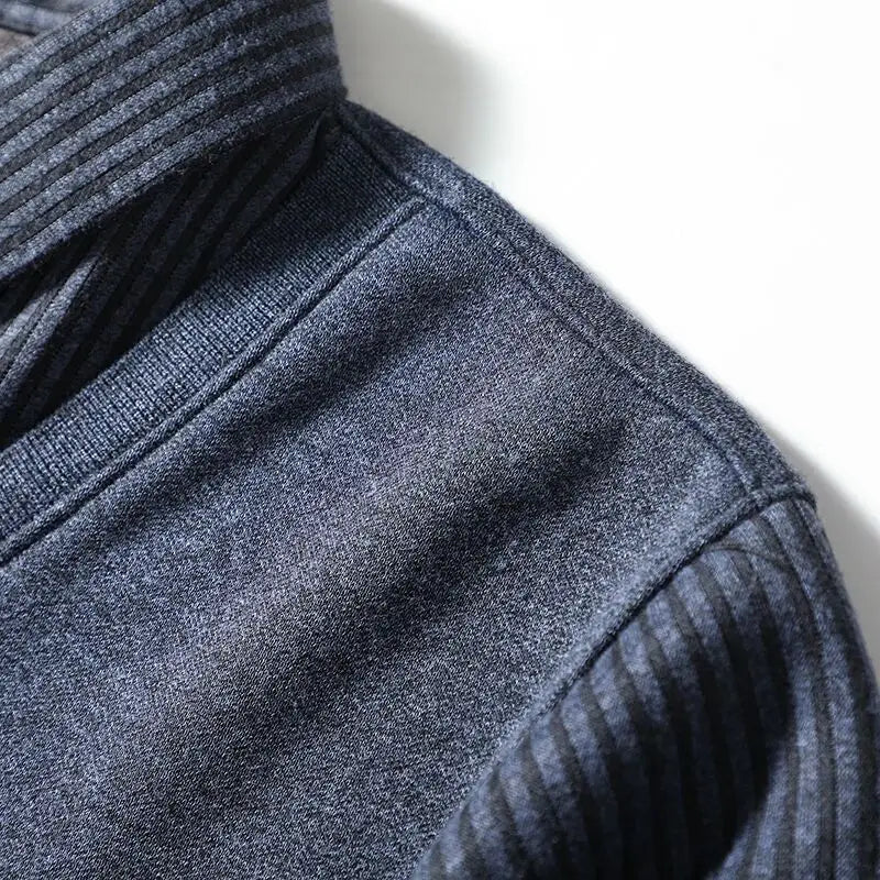 Thickened Warmth Integrated Fleece Stripe Knitted Sweater Fake Two-Piece Design Casual Loose Fit Polyester Long Sleeve Shirt