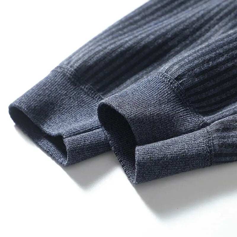 Thickened Warmth Integrated Fleece Stripe Knitted Sweater Fake Two-Piece Design Casual Loose Fit Polyester Long Sleeve Shirt
