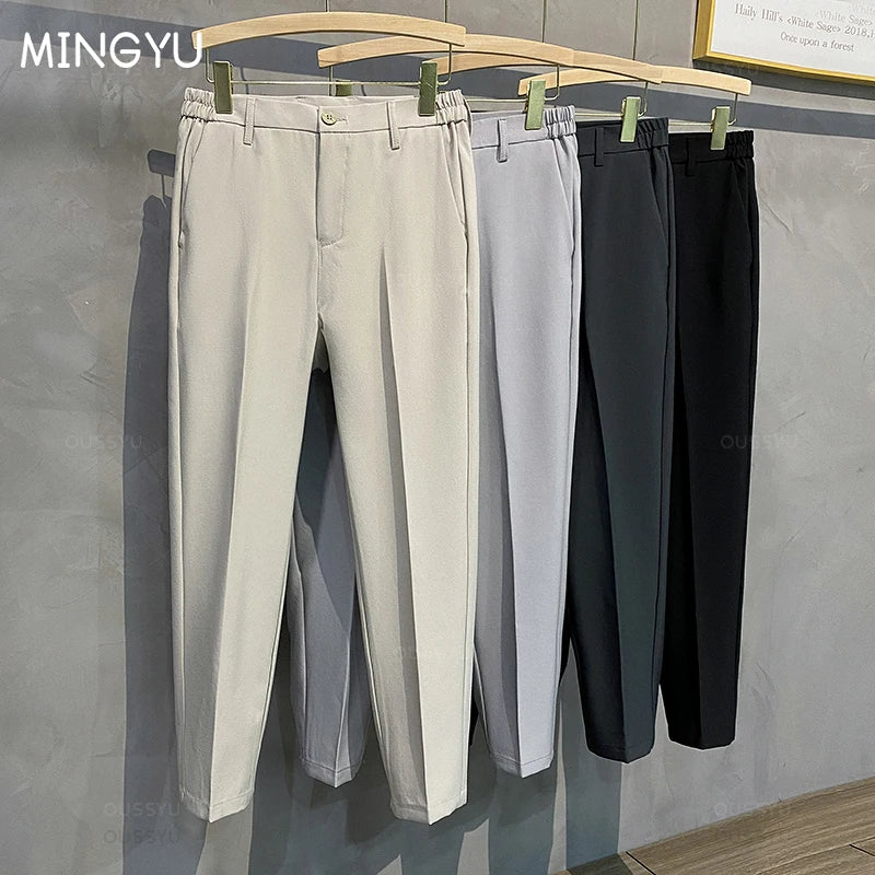 Spring Summer Men's Casual Pants Suit Pant Slim Fit Work Elastic Waist Jogging Business Trousers Male Black Plus Size 40 42