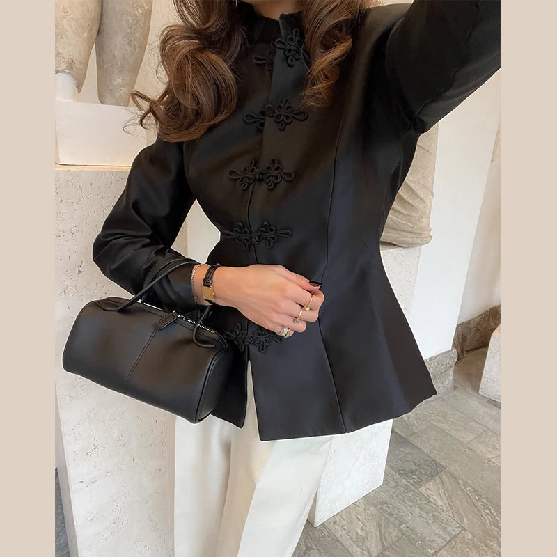 Chic Single Breasted Short Blazer Jacket Women Mandarin Collar Shoulder Pad Long Sleeve Coat 2026 Spring Fashion Lady Outerwear