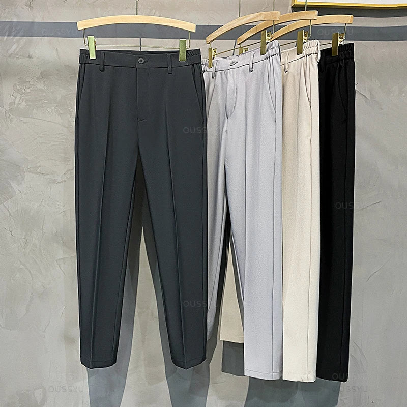 Spring Summer Men's Casual Pants Suit Pant Slim Fit Work Elastic Waist Jogging Business Trousers Male Black Plus Size 40 42