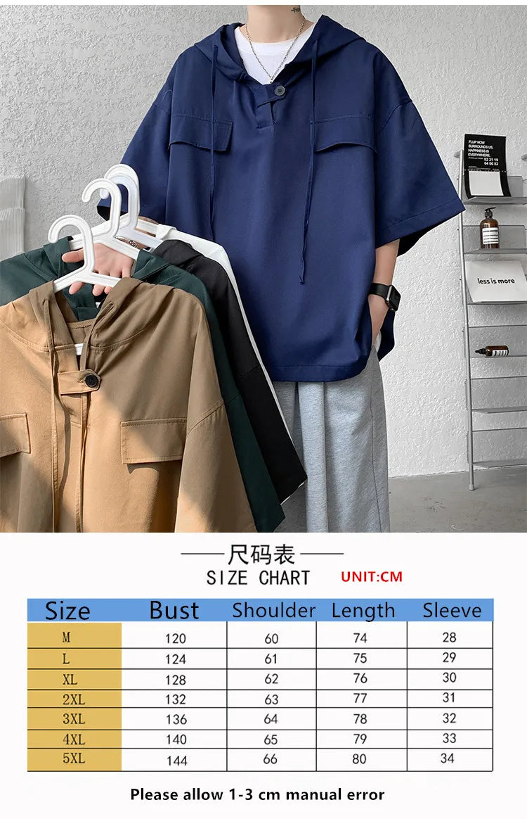 5 Colors Summer Hooded T shirt Men Korean Half Sleeve Pullover Streetwear Loose T-shirt Tops Drawstring Men Clothing