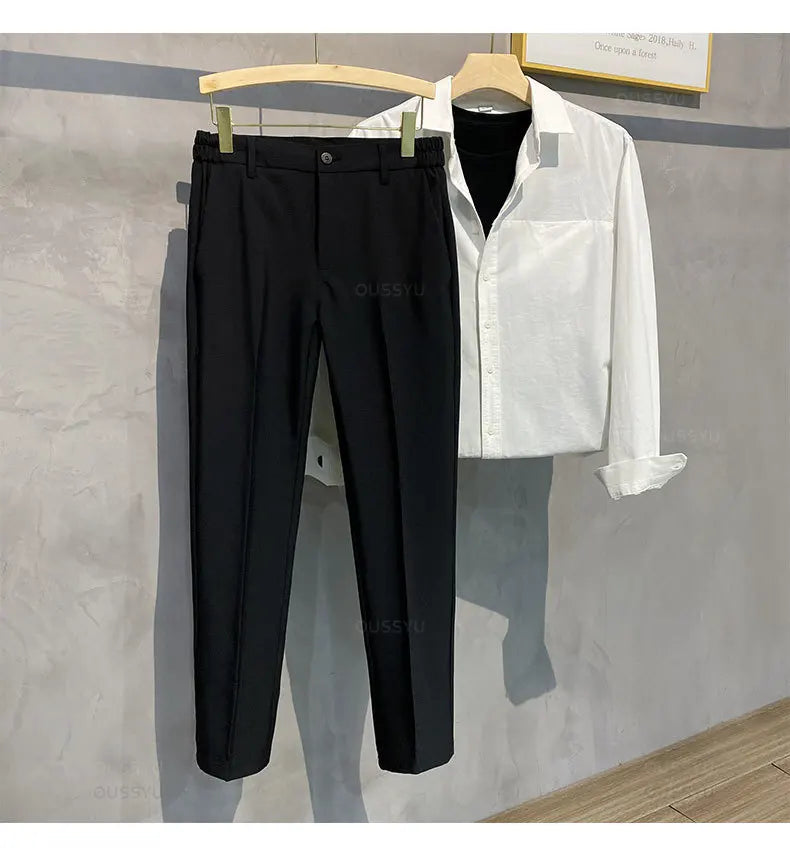 Spring Summer Men's Casual Pants Suit Pant Slim Fit Work Elastic Waist Jogging Business Trousers Male Black Plus Size 40 42