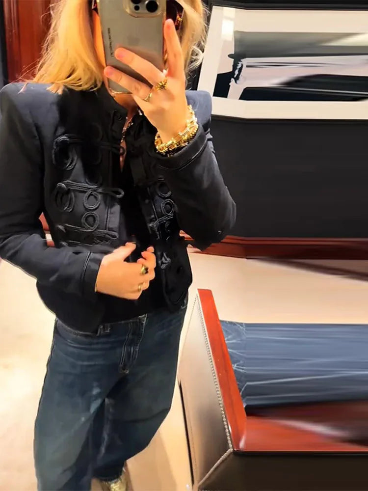 Chic Single Breasted Short Blazer Jacket Women Mandarin Collar Shoulder Pad Long Sleeve Coat 2026 Spring Fashion Lady Outerwear