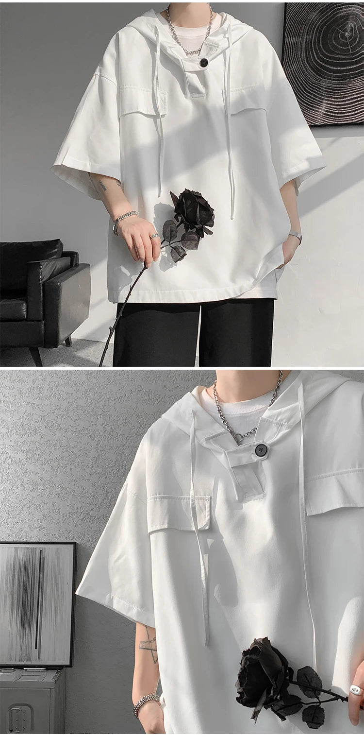5 Colors Summer Hooded T shirt Men Korean Half Sleeve Pullover Streetwear Loose T-shirt Tops Drawstring Men Clothing