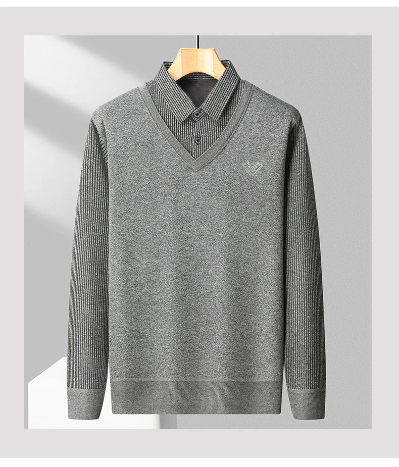 Male Fleece Polo Shirt Men's Pullover Autumn Winter T-shirt Collar Sweaters Cold Blouse Navy Blue Khaki Korean Clothing