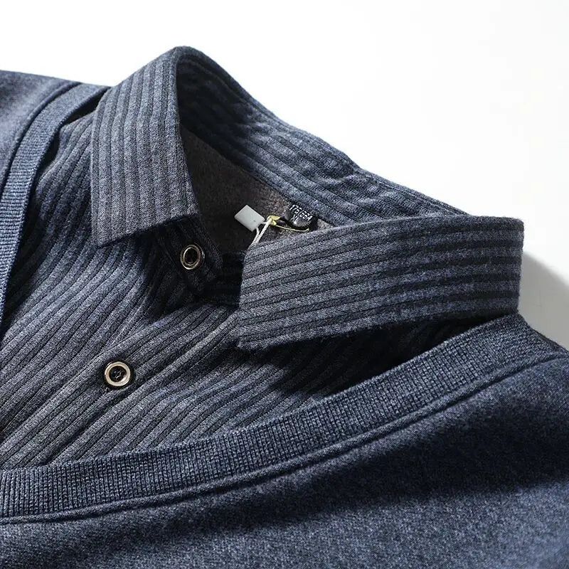 Thickened Warmth Integrated Fleece Stripe Knitted Sweater Fake Two-Piece Design Casual Loose Fit Polyester Long Sleeve Shirt