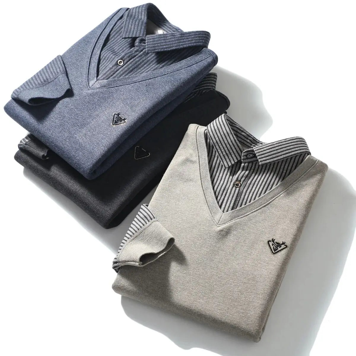 Thickened Warmth Integrated Fleece Stripe Knitted Sweater Fake Two-Piece Design Casual Loose Fit Polyester Long Sleeve Shirt