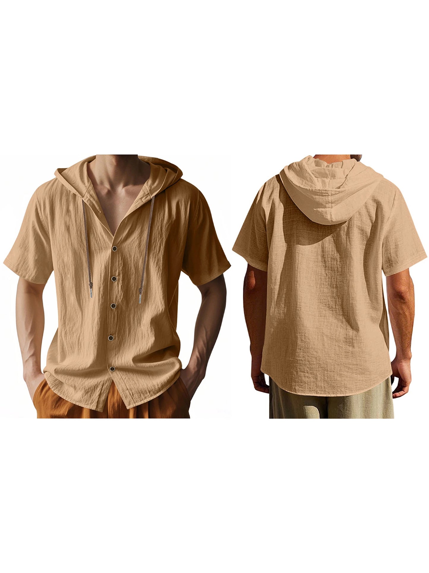 Men s Short Sleeve Hooded Shirt with Button Closure Solid Color Summer Top for Casual Daily Wear and Outdoor Activities