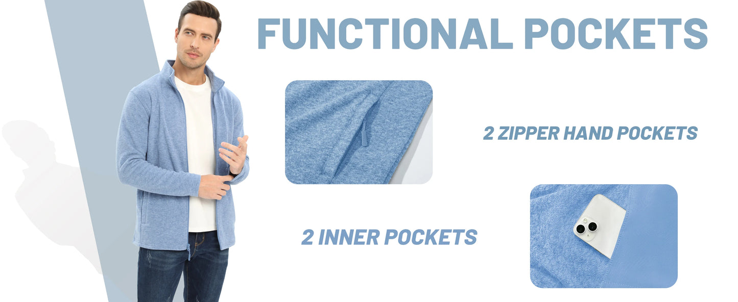 TACVASEN Lightweight Full Zip Fleece Jackets Mens Spring Casual Jacket Outdoor Sportswear With Pockets Stand Collar Outwear Tops