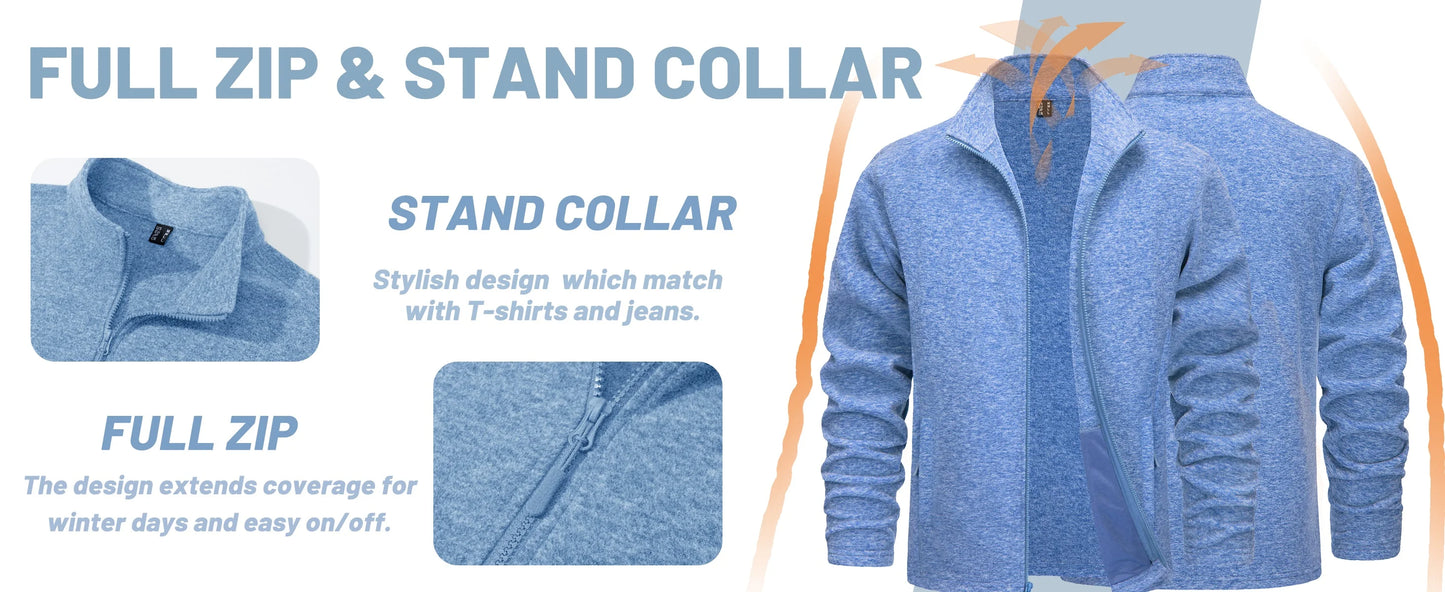 TACVASEN Lightweight Full Zip Fleece Jackets Mens Spring Casual Jacket Outdoor Sportswear With Pockets Stand Collar Outwear Tops