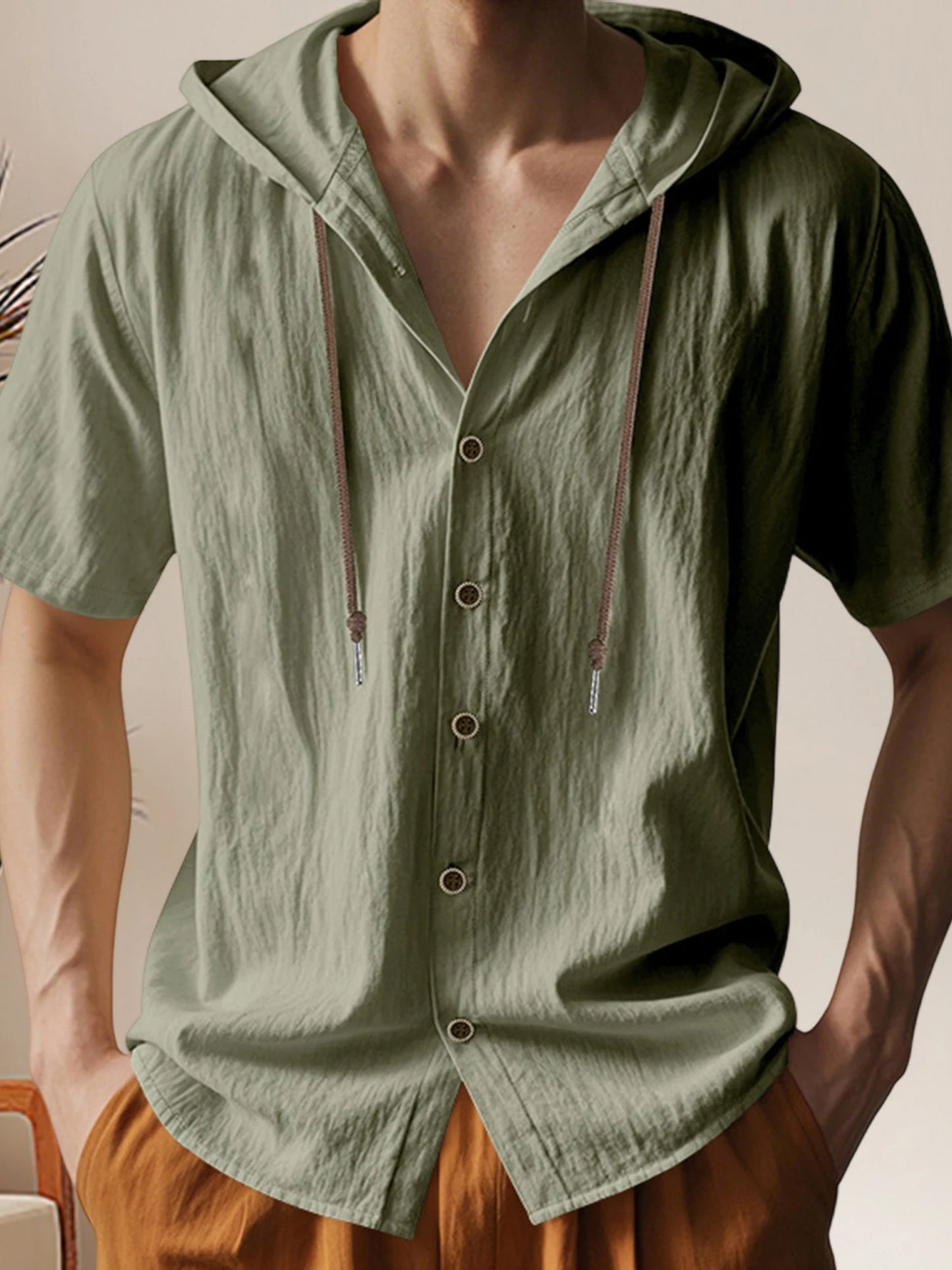 Men s Short Sleeve Hooded Shirt with Button Closure Solid Color Summer Top for Casual Daily Wear and Outdoor Activities