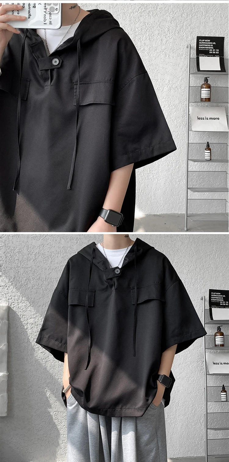 5 Colors Summer Hooded T shirt Men Korean Half Sleeve Pullover Streetwear Loose T-shirt Tops Drawstring Men Clothing