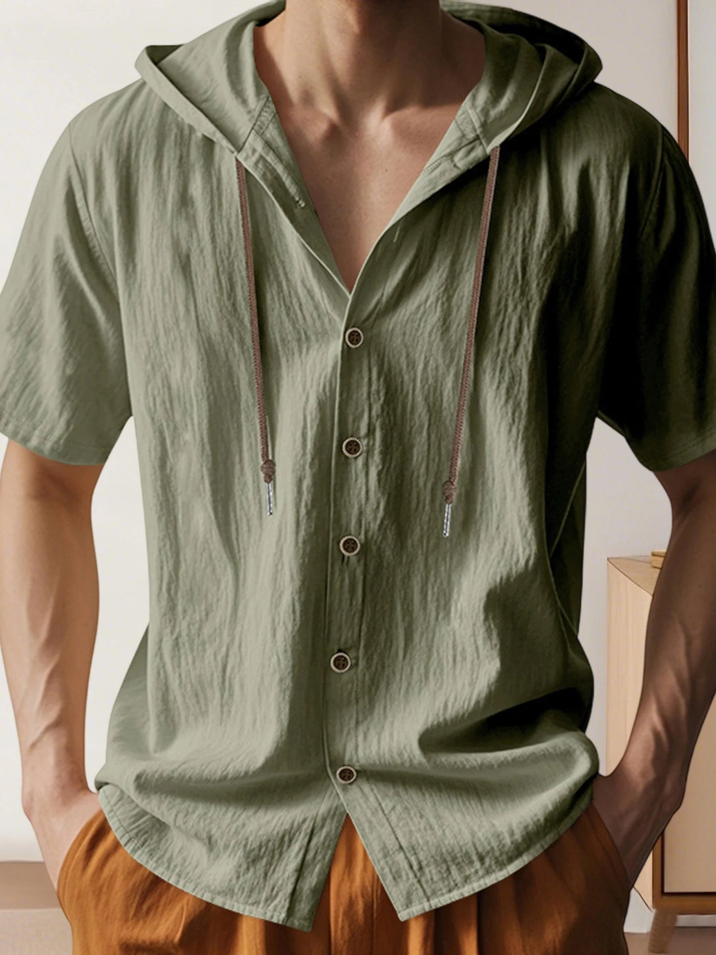 Men s Short Sleeve Hooded Shirt with Button Closure Solid Color Summer Top for Casual Daily Wear and Outdoor Activities