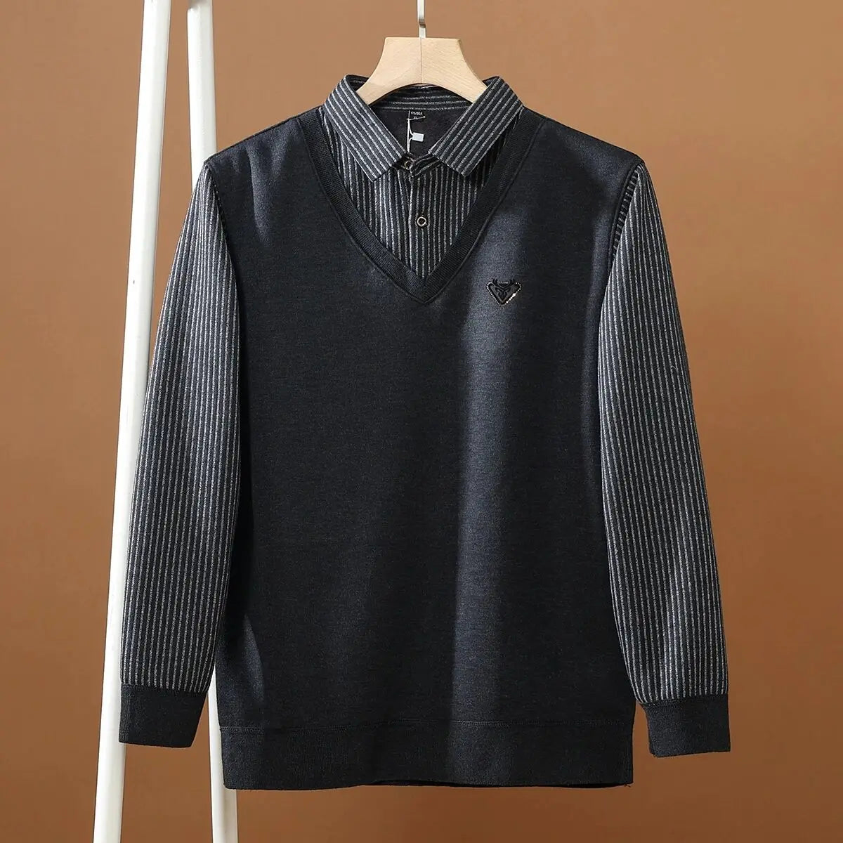 Thickened Warmth Integrated Fleece Stripe Knitted Sweater Fake Two-Piece Design Casual Loose Fit Polyester Long Sleeve Shirt