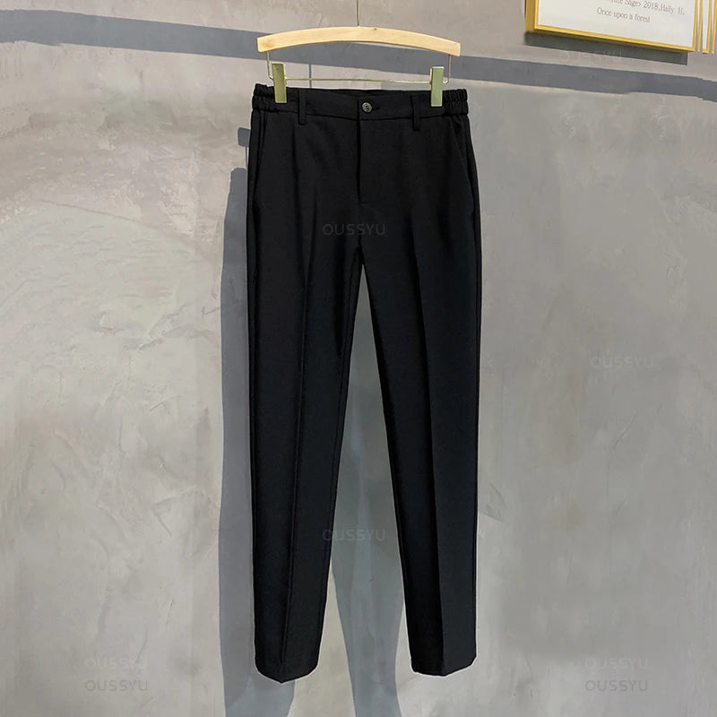 Spring Summer Men's Casual Pants Suit Pant Slim Fit Work Elastic Waist Jogging Business Trousers Male Black Plus Size 40 42