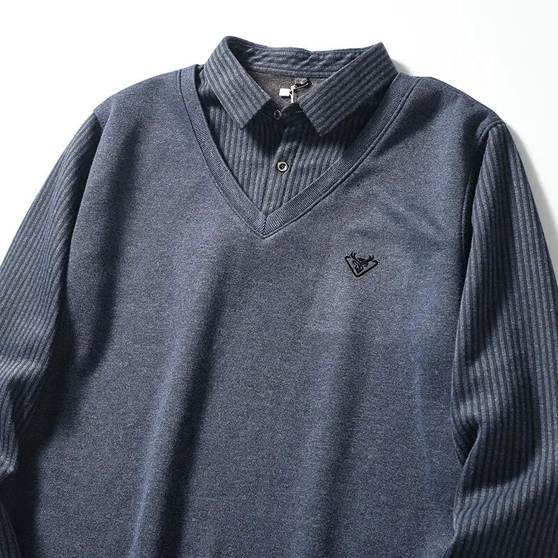 Thickened Warmth Integrated Fleece Stripe Knitted Sweater Fake Two-Piece Design Casual Loose Fit Polyester Long Sleeve Shirt