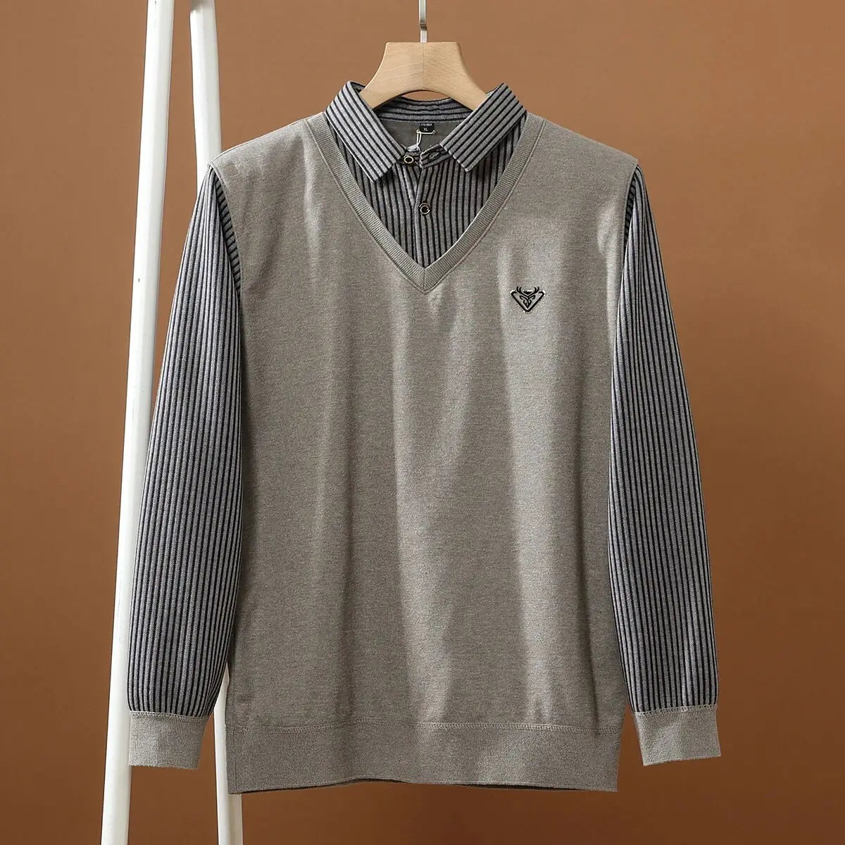 Thickened Warmth Integrated Fleece Stripe Knitted Sweater Fake Two-Piece Design Casual Loose Fit Polyester Long Sleeve Shirt