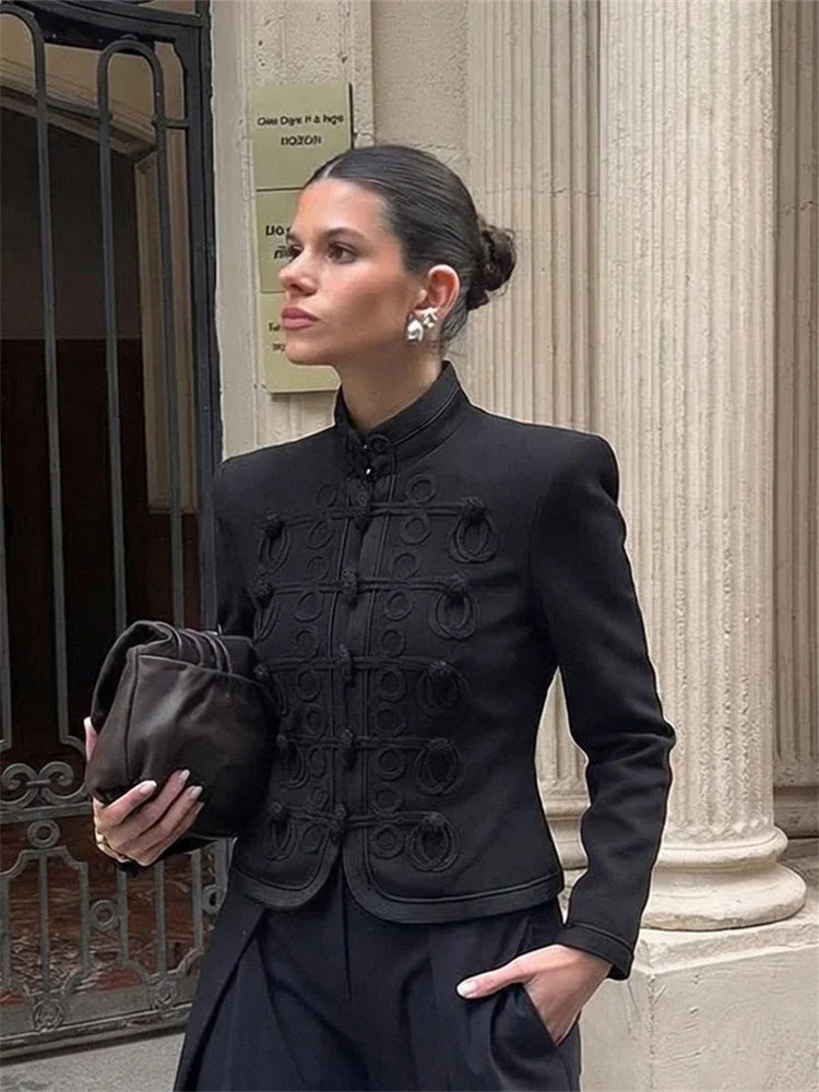 Chic Single Breasted Short Blazer Jacket Women Mandarin Collar Shoulder Pad Long Sleeve Coat 2026 Spring Fashion Lady Outerwear