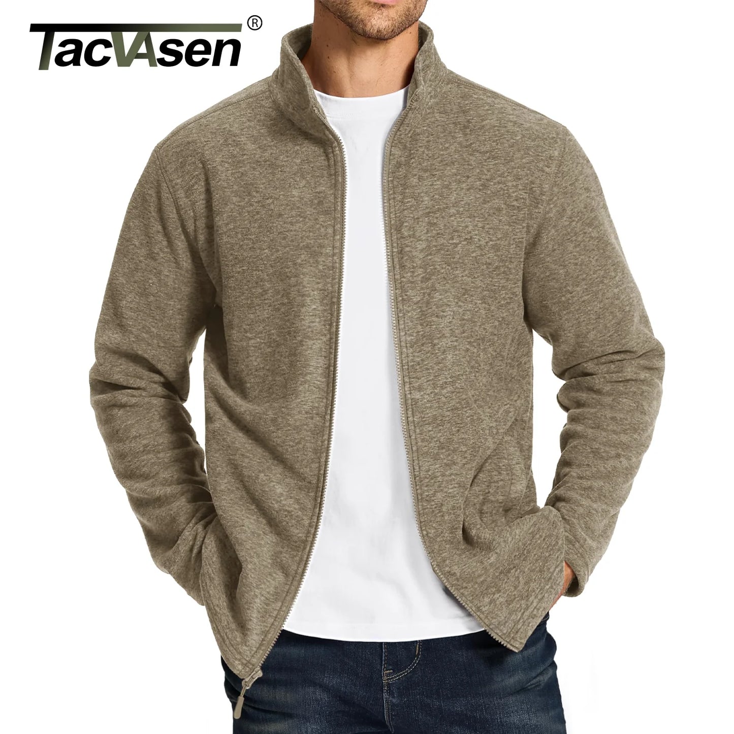 TACVASEN Lightweight Full Zip Fleece Jackets Mens Spring Casual Jacket Outdoor Sportswear With Pockets Stand Collar Outwear Tops