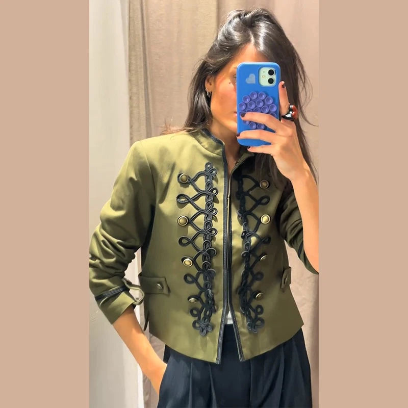 Chic Single Breasted Short Blazer Jacket Women Mandarin Collar Shoulder Pad Long Sleeve Coat 2026 Spring Fashion Lady Outerwear