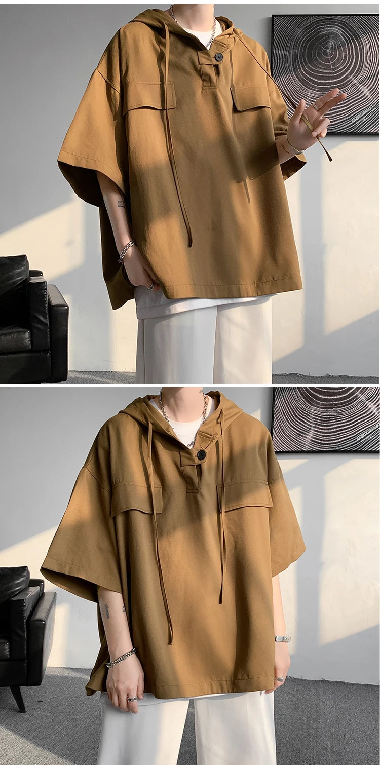 5 Colors Summer Hooded T shirt Men Korean Half Sleeve Pullover Streetwear Loose T-shirt Tops Drawstring Men Clothing