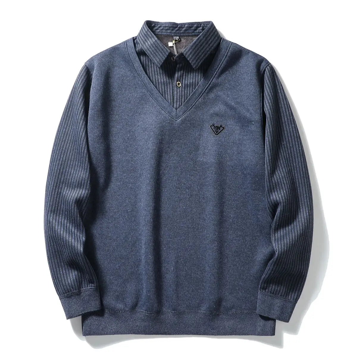 Thickened Warmth Integrated Fleece Stripe Knitted Sweater Fake Two-Piece Design Casual Loose Fit Polyester Long Sleeve Shirt