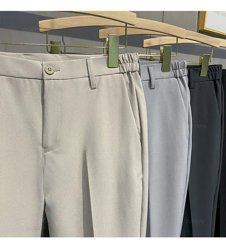 Spring Summer Men's Casual Pants Suit Pant Slim Fit Work Elastic Waist Jogging Business Trousers Male Black Plus Size 40 42