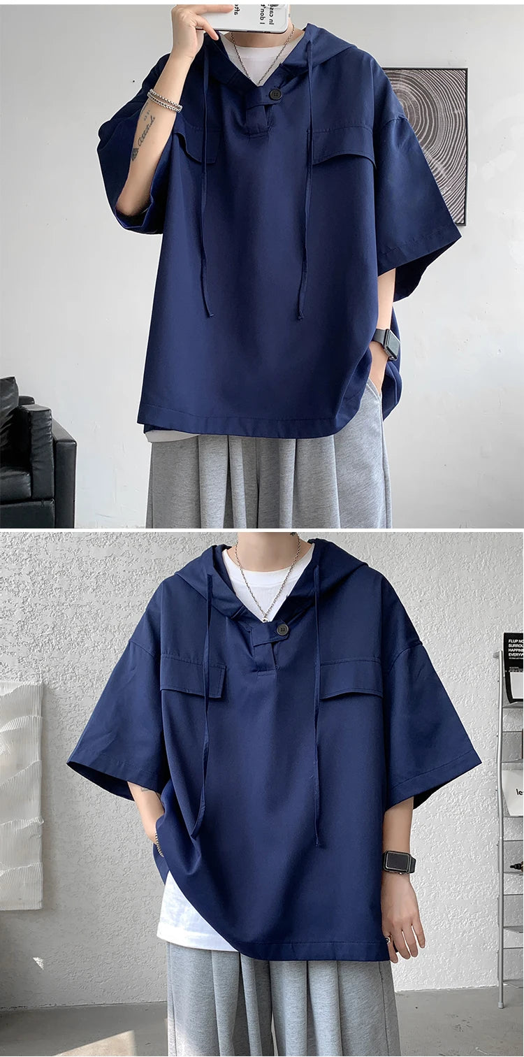 5 Colors Summer Hooded T shirt Men Korean Half Sleeve Pullover Streetwear Loose T-shirt Tops Drawstring Men Clothing