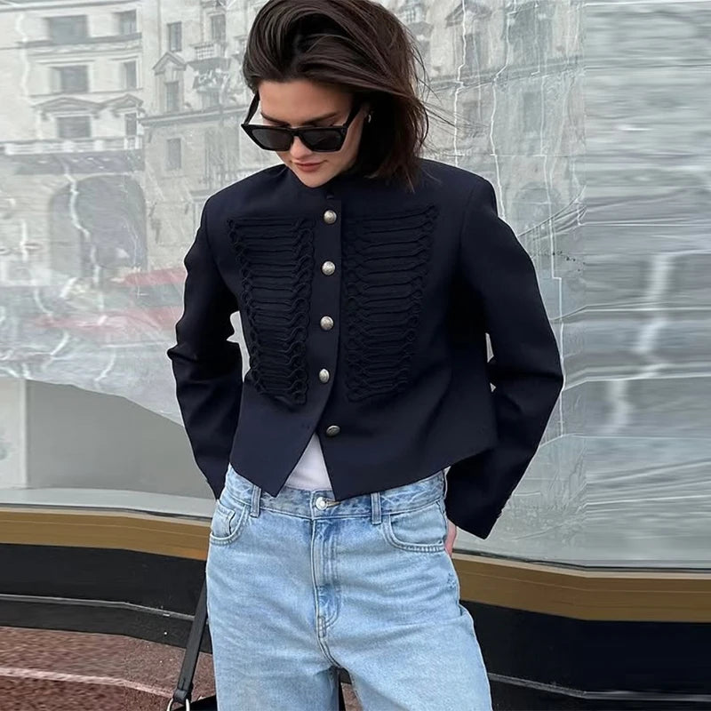 Chic Single Breasted Short Blazer Jacket Women Mandarin Collar Shoulder Pad Long Sleeve Coat 2026 Spring Fashion Lady Outerwear